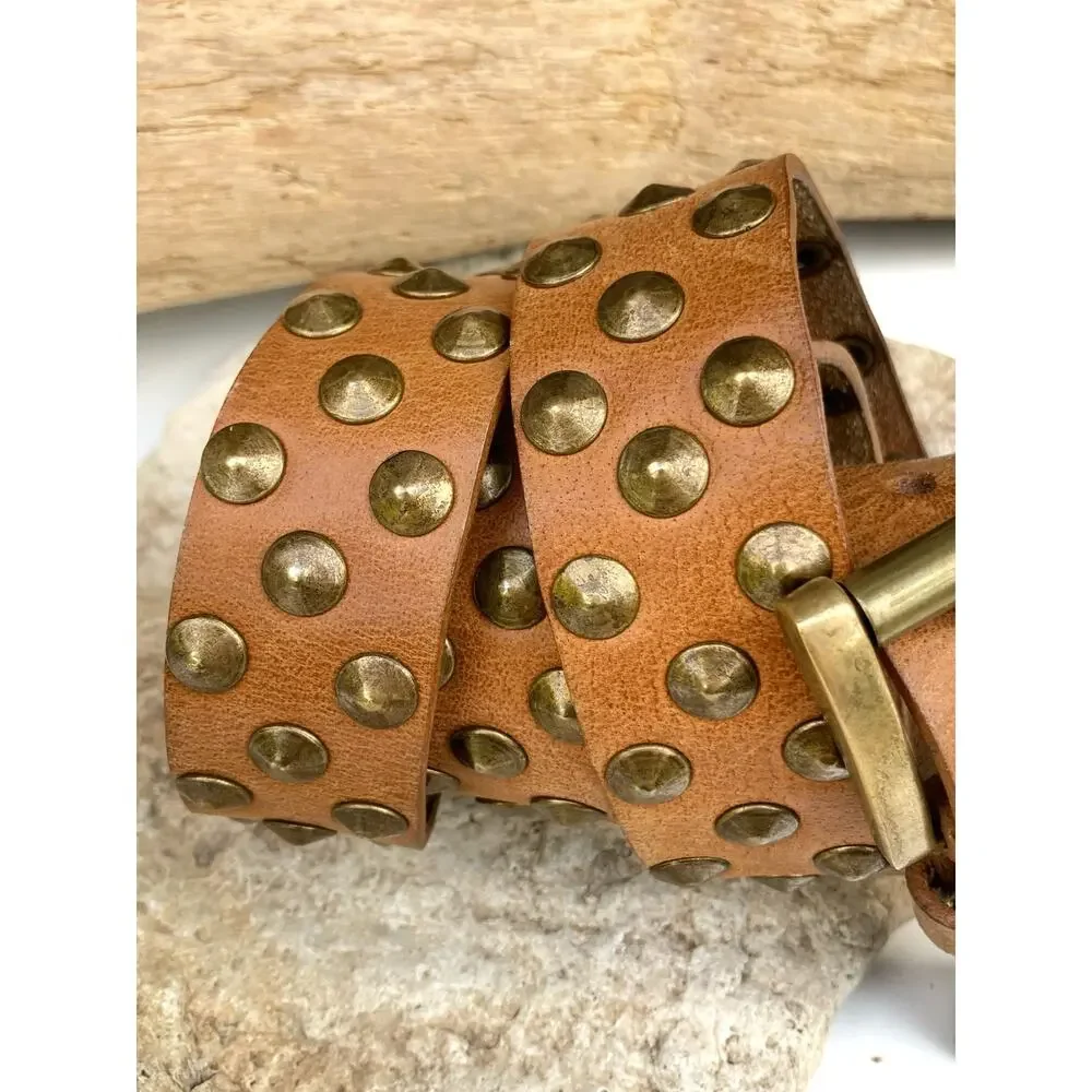 Vintage Nine West Cognac Leather Studded Belt Y2K Unisex Brass Punk Moto Western